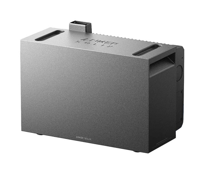 Anker Solix tragbarer Stromspeicher, kompakte Powerstation aus Metall mit integrierten Tragegriffen.