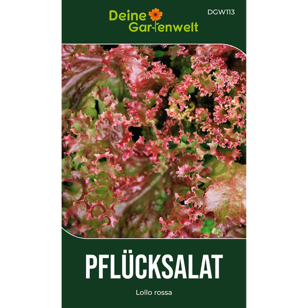 Samentüte für Pflücksalat Lollo rossa, Deine Gartenwelt Logo, mit einer Abbildung der krausen Blätter.