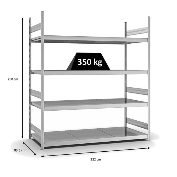 PROREGAL Weitspannregal Stecksystem T-Profil Grundregal HxBxT 250x225x80 cm 4 Ebenen Stahlplatten Fachboden Fachlast 350 kg Verzinkt