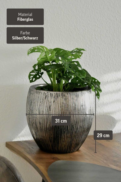 Runder Pflanztopf aus Fiberglas in Silber und Schwarz mit vertikaler Struktur, 31 Zentimeter Durchmesser und 29 Zentimeter Höhe.