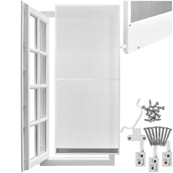 Insektenschutz-Tür für Balkon- oder Terrassentüren mit weißem Rahmen, inklusive Montagematerial wie Schrauben und Scharnieren.