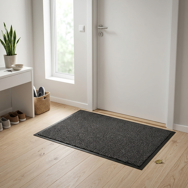 Dunkelgraue Schmutzfangmatte vor moderner Eingangstür in hellem Flur mit Fliesen, weißen Schuhen und Garderobe.