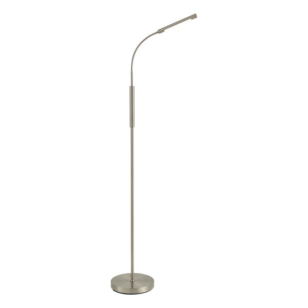 Schlanke LED-Stehleuchte aus Metall in Nickel-Optik mit rundem Standfuß und verstellbarem Leuchtenarm.