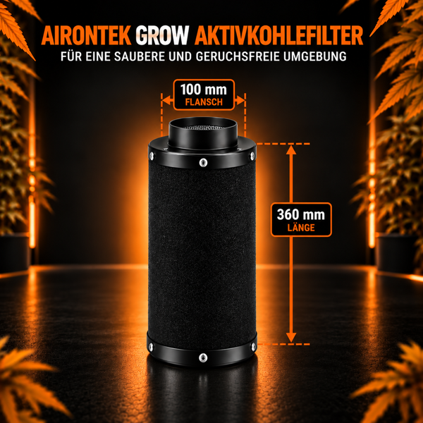 Airontek Grow Aktivkohlefilter mit 100 Millimeter Flansch und 360 Millimeter Länge zur Luftreinigung.