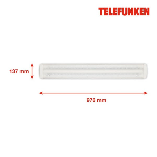 Telefunken Logo, weiße Wannenleuchte mit Maßangaben 137 Millimeter mal 976 Millimeter.