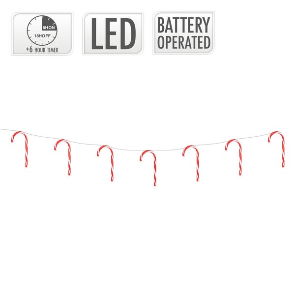 ECD Germany LED Lichterkette mit 7 Zuckerstangen, 28 LEDs, Warmweiß, 330cm, batteriebetrieben mit Timer, Weihnachten Innen Deko Beleuchtung, Zuckerstäbe Candy Cane Weihnachtsbeleuchtung Weihnachtsdeko