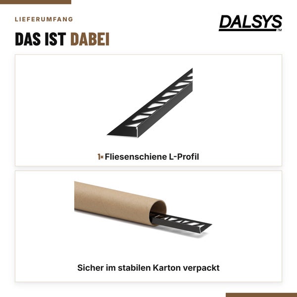 Dalsys Logo und Lieferumfang bestehend aus einer Fliesenschiene L-Profil verpackt in einer stabilen Papprolle.