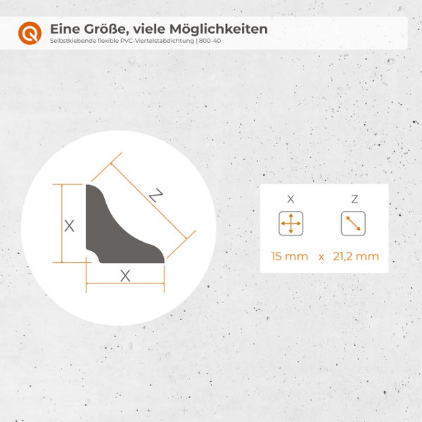Technische Zeichnung der selbstklebenden flexiblen PVC Viertelstab Dichtung mit Bemaßung von 15 Millimeter mal 21,2 Millimeter