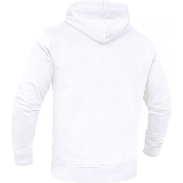 Weißer Kapuzenpullover mit Kapuze und elastischen Bündchen, Rückansicht.