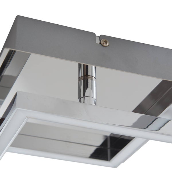Detailansicht einer modernen LED Deckenleuchte mit quadratischen Rahmen aus verchromtem Metall.