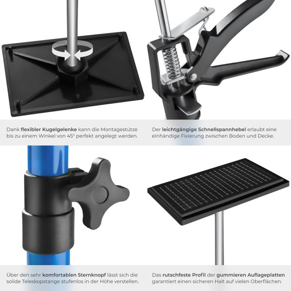 Details der Montagestütze mit flexiblem Kugelgelenk, Schnellspannhebel, Sternknopf und rutschfestem Profil