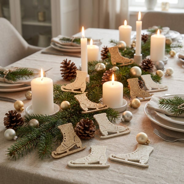 Festlich gedeckter Esstisch mit Tannenzweigen, brennenden Kerzen, Tannenzapfen, Weihnachtskugeln und glitzernden Schlittschuh-Anhängern als Deko.