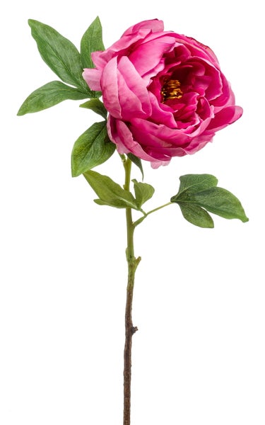 Künstliche Pfingstrose mit pinkfarbener Blüte, grünen Blättern und braunem Stiel.