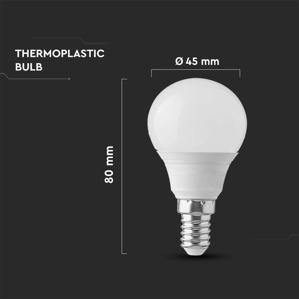 LED-Leuchtmittel aus Thermoplast mit E14-Sockel, Durchmesser 45 Millimeter und Länge 80 Millimeter.