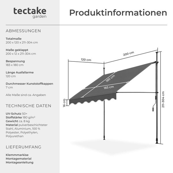 tectake garden Logo. Infografik zur Klemmmarkise mit Abmessungen 200 mal 120 mal 211 bis 304 Zentimeter, UV-Schutz 50 plus und technischen Details.