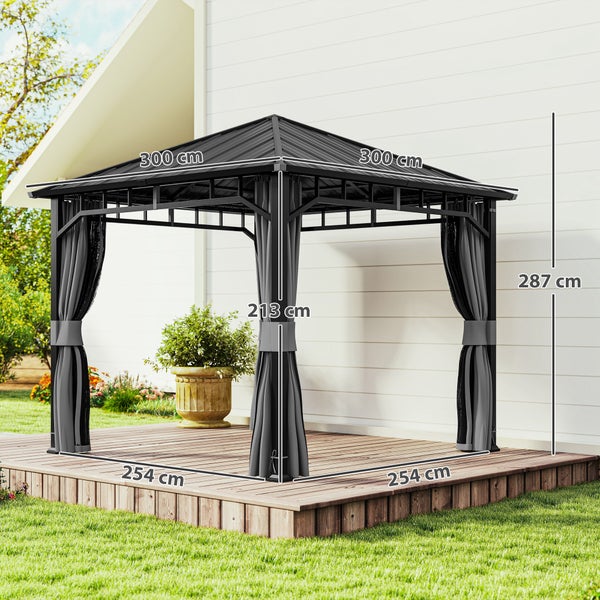 Gartenpavillon aus Metall mit Vorhängen. Dach 300 mal 300 Zentimeter, Gesamthöhe 287 Zentimeter, Durchgangshöhe 213 Zentimeter.