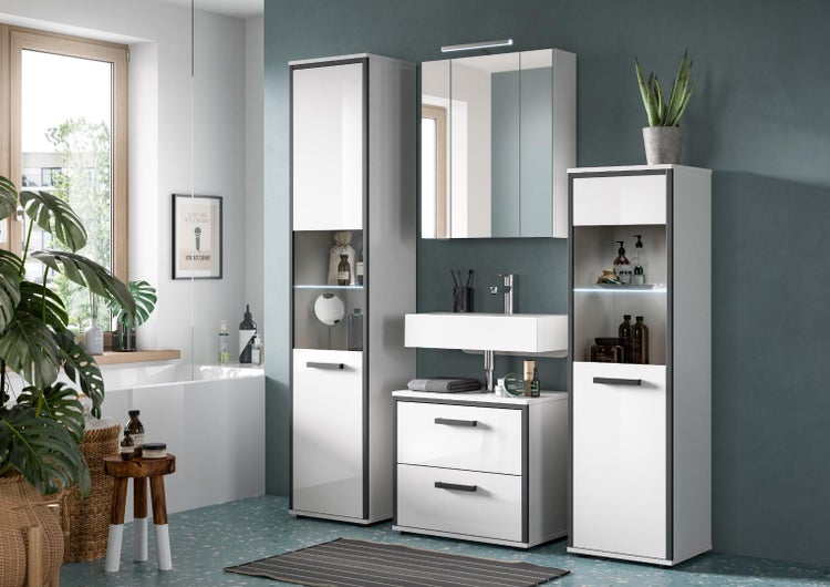 Modernes Badmöbel-Set in Weiß Hochglanz und Anthrazit mit Waschbeckenunterschrank, Spiegelschrank, Hochschrank und Midischrank im Badezimmer.