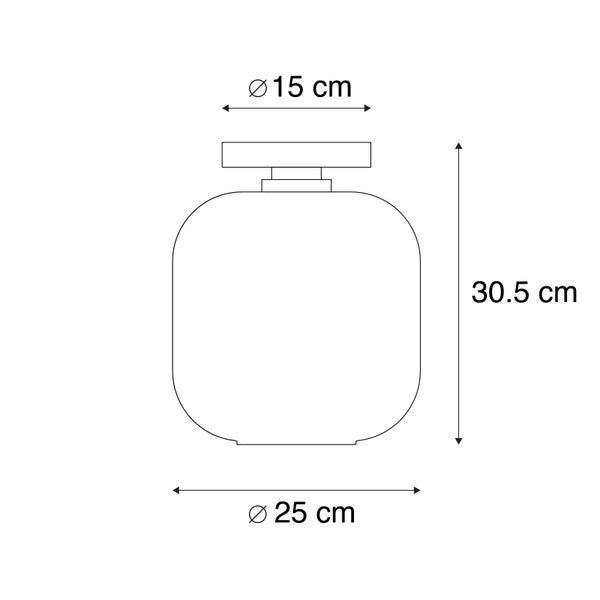 Technische Zeichnung einer Deckenleuchte mit den Maßen 15 cm Durchmesser oben, 25 cm Durchmesser unten und 30,5 cm Höhe.