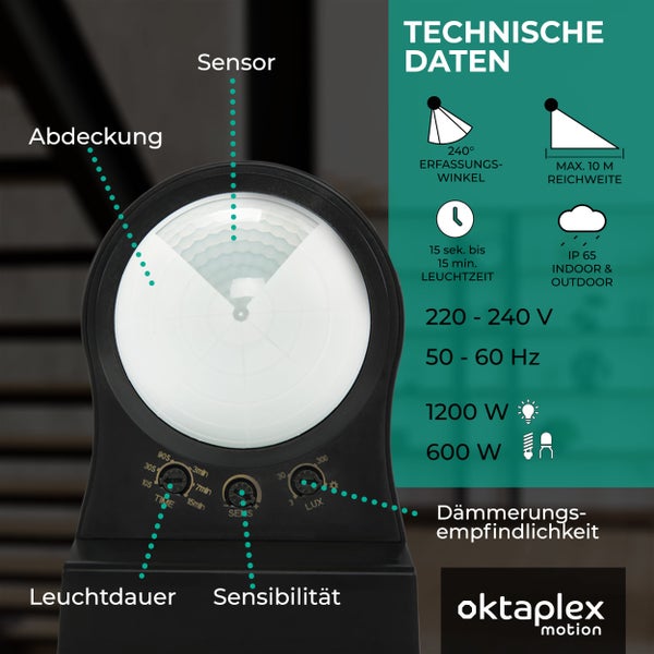 Oktaplex Don Bewegungsmelder Außen 240° PIR-Sensor IP65 10m anthrazit LED geeignet