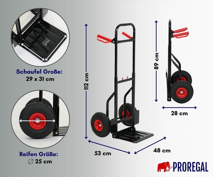 Sackkarre Maße: Höhe 112 Zentimeter, Breite 53 Zentimeter, Tiefe 48 Zentimeter. Schaufel 29 mal 31, Reifen 25 Zentimeter. Proregal Logo.