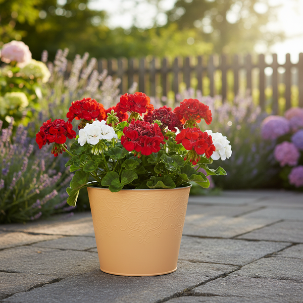Rote und weiße Geranien in einem beige verzierten Blumentopf auf einer hellen Steinterrasse im Garten.