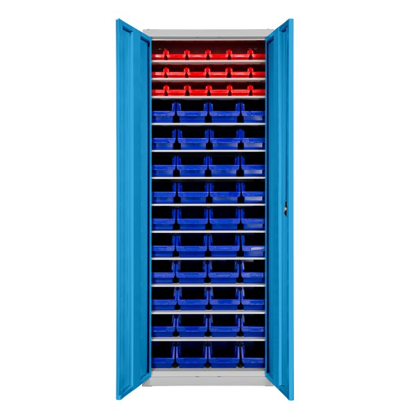 PROREGAL Flügeltürenschrank Owl mit 12 Fachböden + 58 Sichtlagerkästen | HxBxT 195x71x30cm | Lichtgrau/Lichtblau | Spind, Kleinteillager