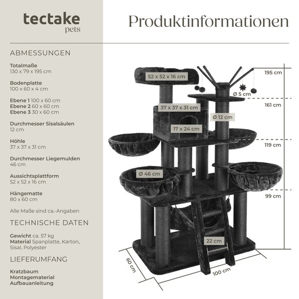Produktinformationen für einen Kratzbaum mit mehreren Ebenen, Sisalsäulen und Hängematte