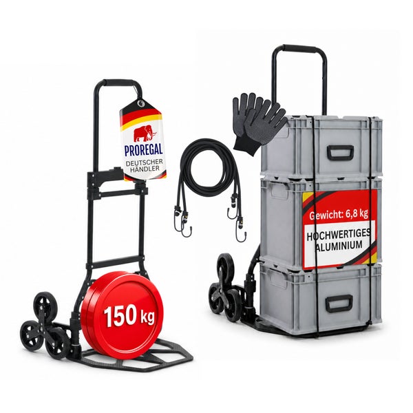 Treppensteiger-Sackkarre aus Aluminium mit einer Tragkraft von 150 Kilogramm, inklusive Spanngurten und Arbeitshandschuhen.