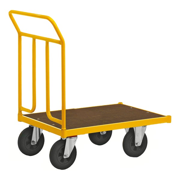 Gelber Plattformwagen mit Holzplattform und Griff