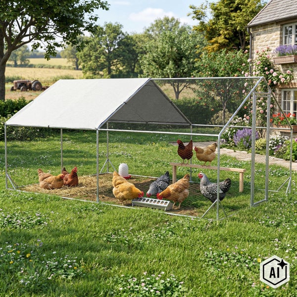 Großes Hühnergehege aus Metall mit Dachbespannung für den Außenbereich, aufgestellt in einem weitläufigen Garten mit mehreren Hühnern.