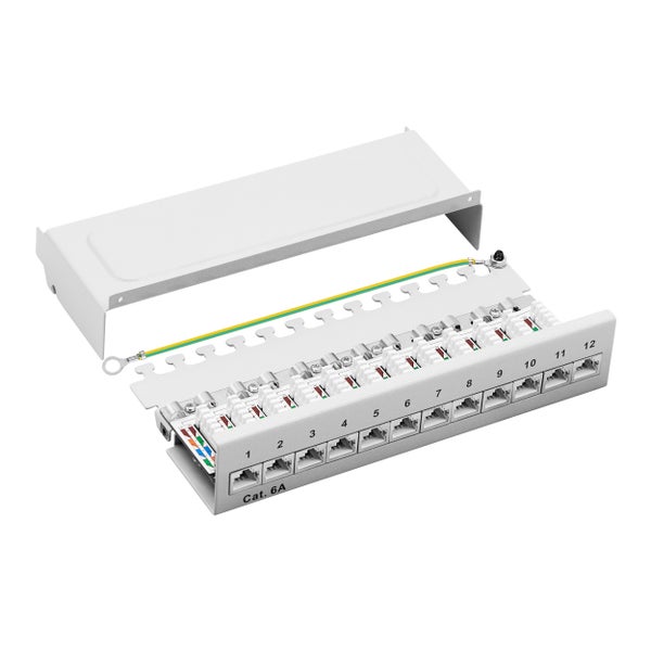 ProfiPatch Cat6a Patchpanel Patchfeld 12 Port Verteilerfeld für Keystone Module RJ45 Desktop und Wandmontage 1HE grau