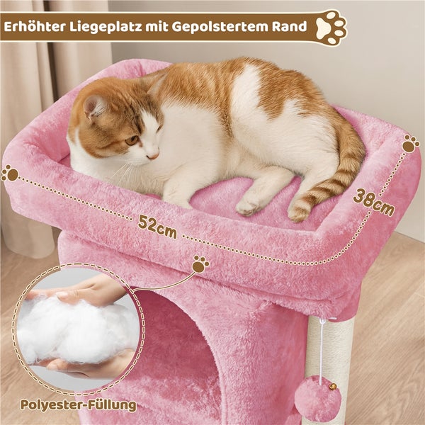 Katze auf einem erhöhten, rosafarbenen Katzenbaum mit gepolstertem Rand