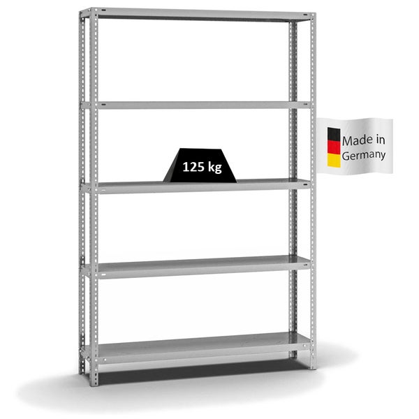 PROREGAL Fachbodenregal Schraubsystem Light-Duty Grundregal HxBxT 200 x 130 x 30 cm 5 Ebenen Fachlast 125 kg Beidseitig Nutzbar Verzinkt
