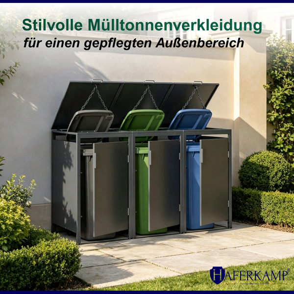 Haferkamp Mülltonnenbox für 3 Tonnen aus anthrazitfarbenem Metall im Außenbereich mit geöffneten Türen und Deckeln.