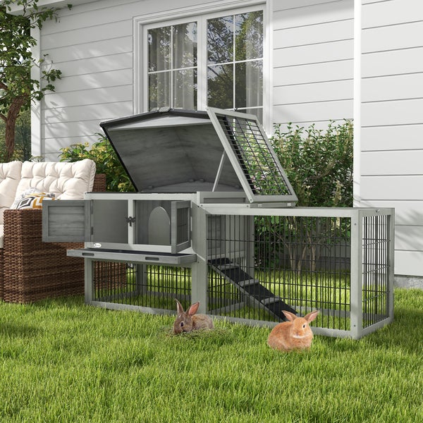 PawHut Hasenstall 2 Ebenen Kaninchenstall aus Tannenholz Winterfest Doppelstockhaus mit Freilaufgehege Rampe 150x52x68 cm Kaninchenkäfig Outdoor Kleintierstall für Hasen Kaninchen Meerschweinchen Grau