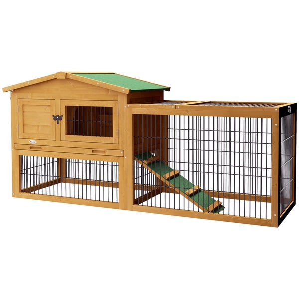 PawHut Hasenstall 2 Ebenen Kaninchenstall aus Tannenholz Winterfest Doppelstockhaus mit Freilaufgehege Rampe 150x52x68 cm Kaninchenkäfig Outdoor Kleintierstall für Hasen Kaninchen Meerschweinchen Gelb