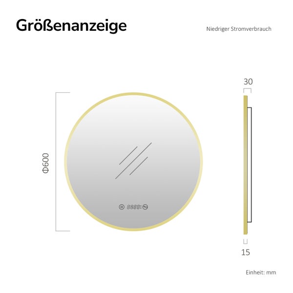 Größenanzeige für runden Spiegel, Durchmesser 600 Millimeter, Tiefe 30 Millimeter.