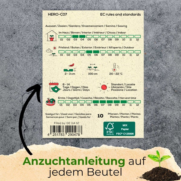 Anzuchtanleitung auf einem Saatgutbeutel mit Angaben zu Aussaat, Pflanztiefe, Abstand, Temperatur von 20 bis 22 Grad Celsius, Keimdauer und Erntezeit, inklusive FSC Logo.