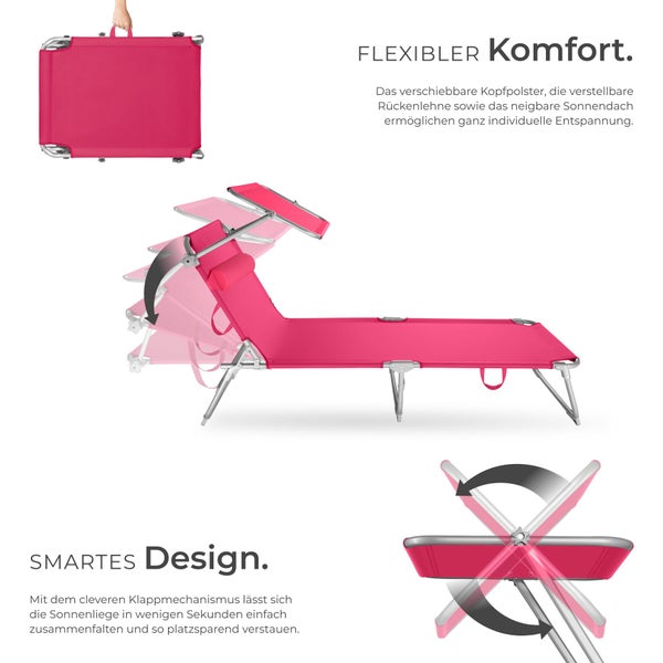 Klappbare Sonnenliege in Pink mit Metallrahmen, verstellbarer Rückenlehne, neigbarem Sonnendach und verschiebbarem Kopfpolster.