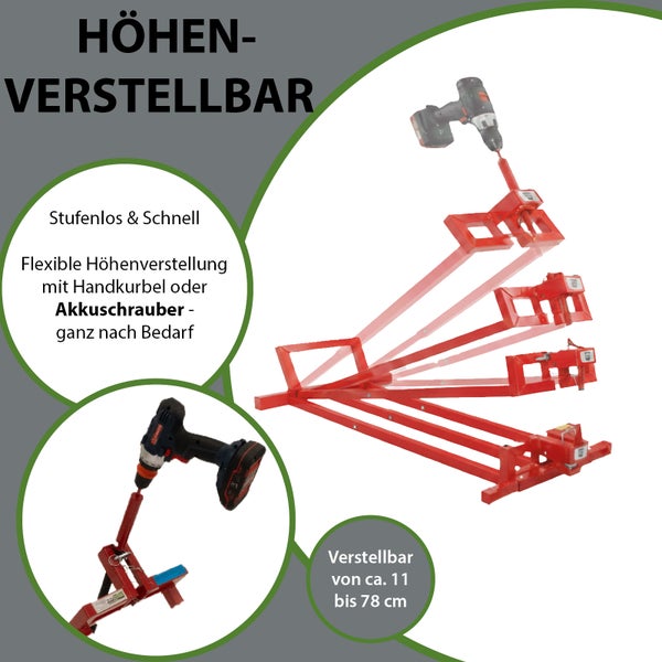 Höhenverstellbare Werkzeugaufnahme mit Akkubohrer zur flexiblen Höhenverstellung von circa 11 bis 78 Zentimeter