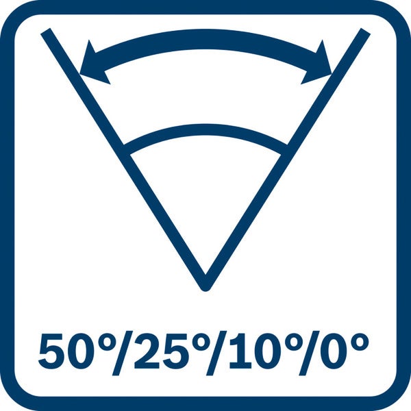 Symbol für einstellbaren Winkel 50 Grad, 25 Grad, 10 Grad und 0 Grad