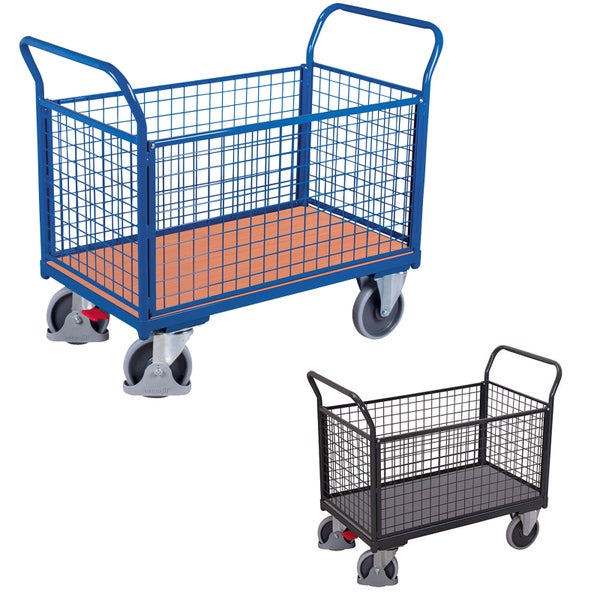 Transportwagen aus Stahlrohr mit Gitterwänden, Ladefläche und vier Lenkrollen für den Materialtransport.