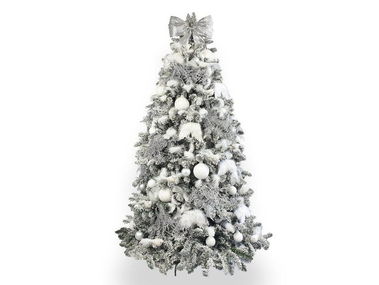 Künstlicher Weihnachtsbaum mit Schneeoptik, geschmückt mit Kugeln und Federn, inklusive Schleife als Baumspitze.