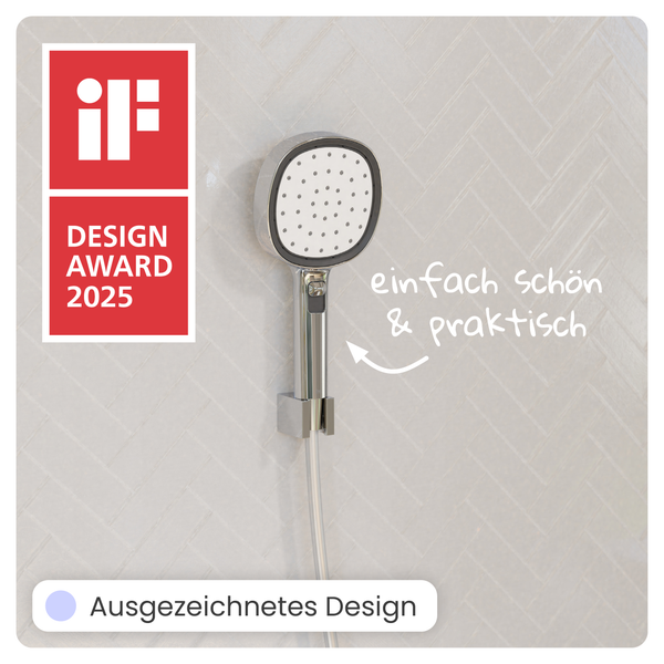 Handbrause an Wandhalterung, iF Design Award 2025 Logo, Text einfach schön und praktisch sowie Ausgezeichnetes Design.