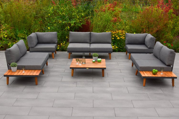 Akropolis Gartenloungeset, 2 Eckbänke mit seitlichen Ablageflächen, inkl. Sitz- und Rückenkissen, Tisch 90 x 90 cm
