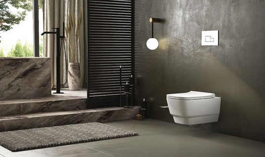 Modernes Badezimmer mit Badewanne, Toilette und stilvoller Einrichtung