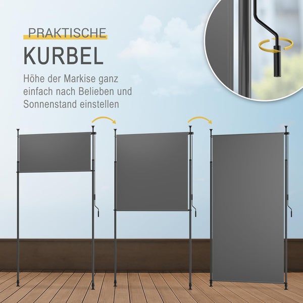 Höhenverstellbare Klemmmarkise mit Handkurbel, Darstellung verschiedener Auszugshöhen des grauen Markisenstoffs.