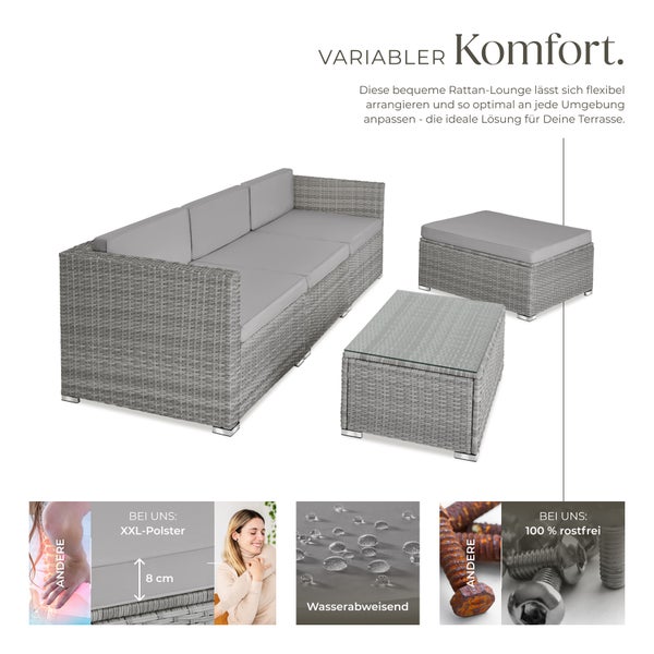 Rattan Lounge tectake Florenz mit Sicherheitsglasplatte für 3 bis 4 Personen hellgrau/dunkelgrau