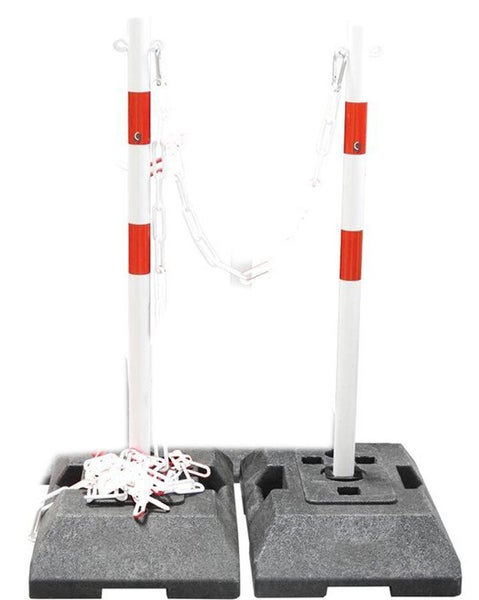 Kettenständer Set schwere Stahl Kettenpfosten als 1m x Ø42mm inkl. Kette, 18 kg Fuß / Kette weiß / Set B = 2 Pfosten