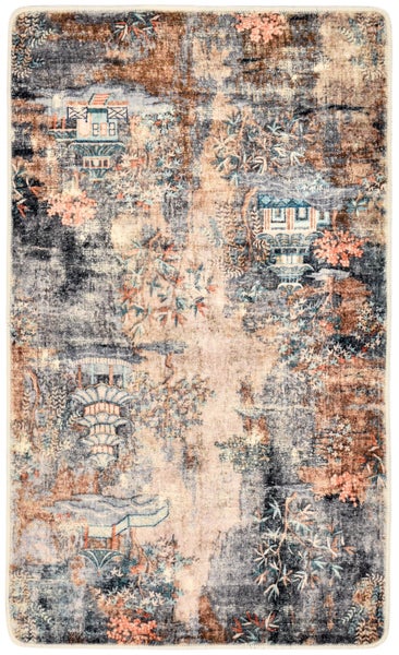 Rechteckiger Teppich mit orientalischem Landschaftsmuster, Pagoden und floralen Elementen in Blau, Braun und Beige im Vintage-Stil.